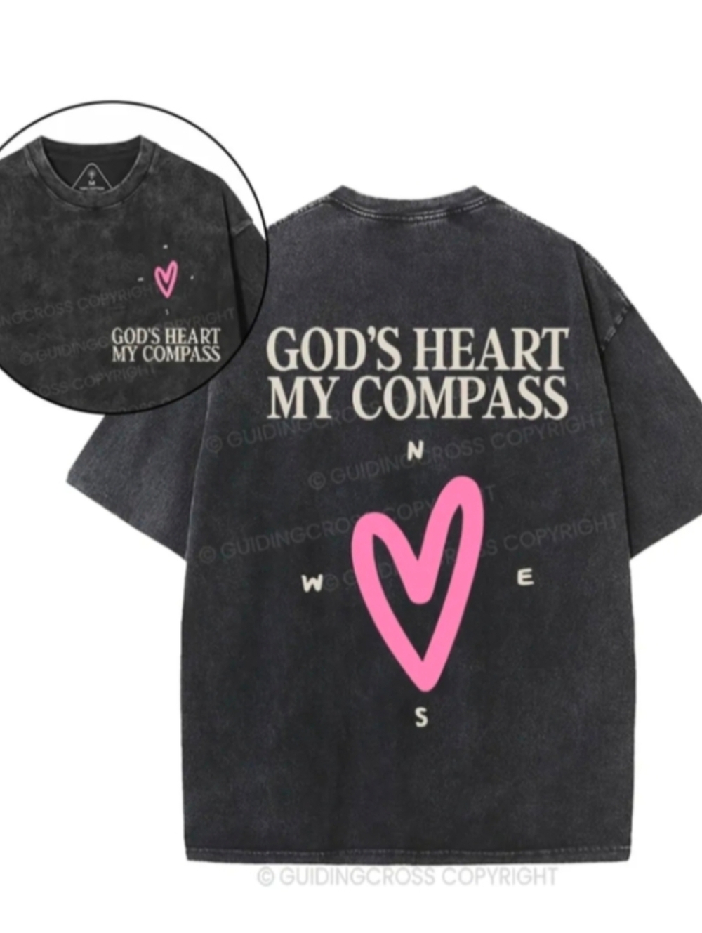 ASSORTED SIZES:God's Heart My Compass Black Vintage Acid Wash T-Shirt-NWT